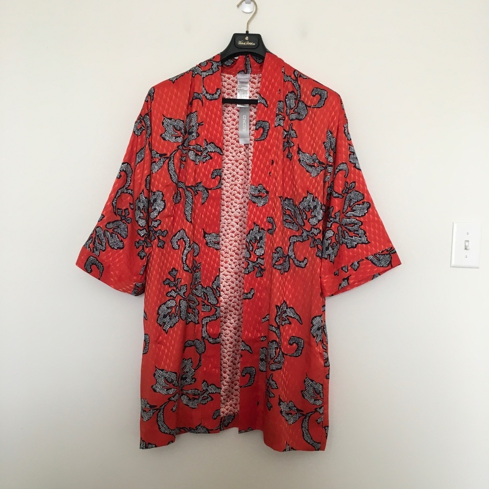Chico’s Orient Bliss Jacquard Kimono Duster Orange Spice Pockets Sz 2 US 12/14